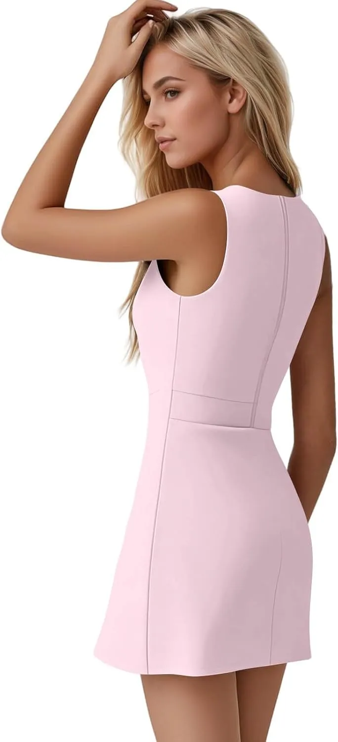 Women Tennis Dress Crew Neck Sleeveless Athletic Dresses with Built in Shorts Side Slit Workout Dresses with Pockets