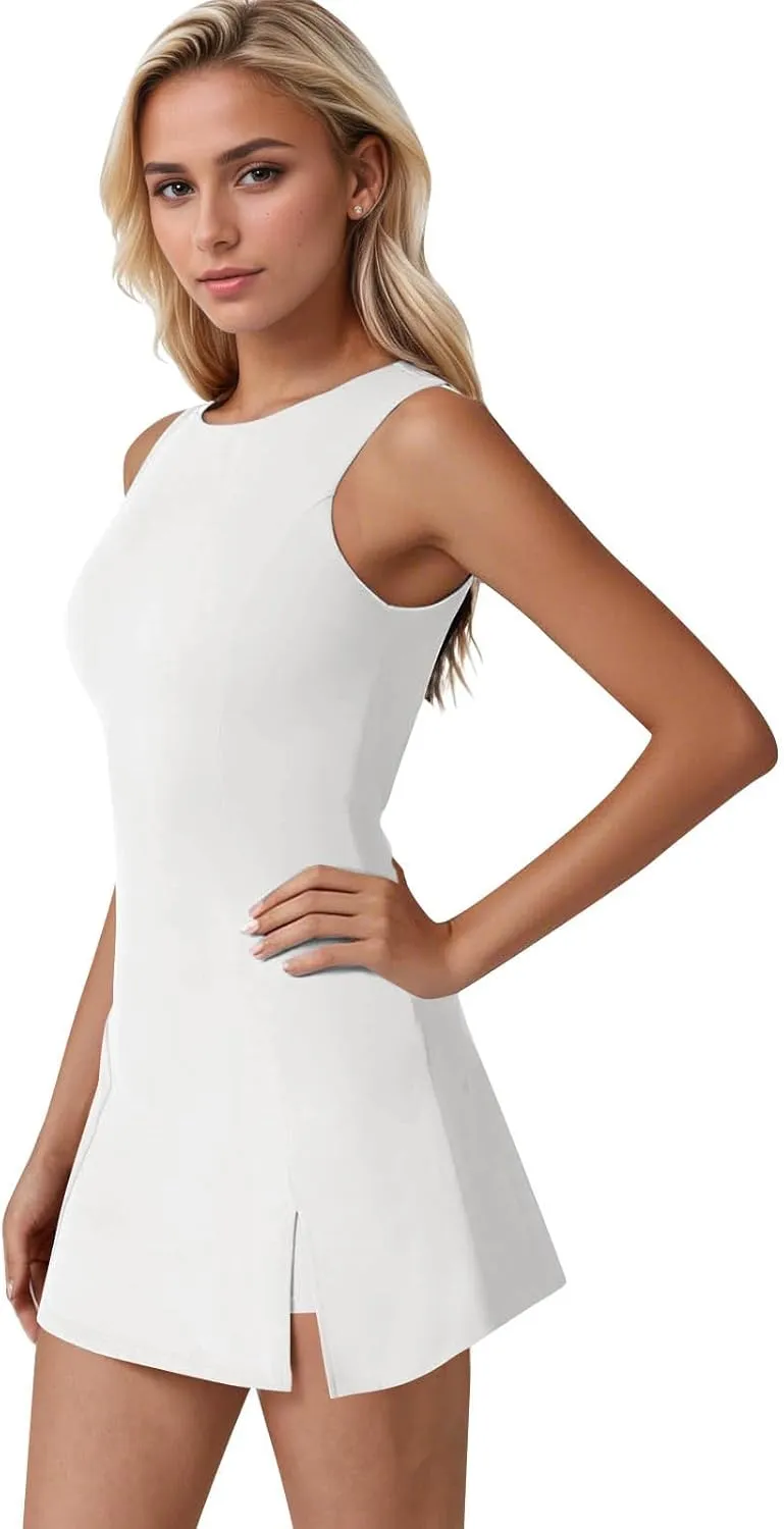 Women Tennis Dress Crew Neck Sleeveless Athletic Dresses with Built in Shorts Side Slit Workout Dresses with Pockets