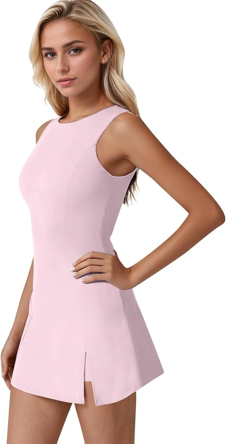 Women Tennis Dress Crew Neck Sleeveless Athletic Dresses with Built in Shorts Side Slit Workout Dresses with Pockets