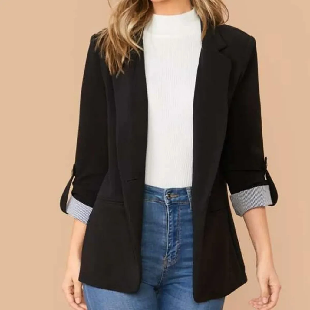 Womens Casual Comfy Blazers 3/4 Sleeve Lapel Button Slim Fit Work Office Blazer Jacket Open Front Lightweight Lounge Suit