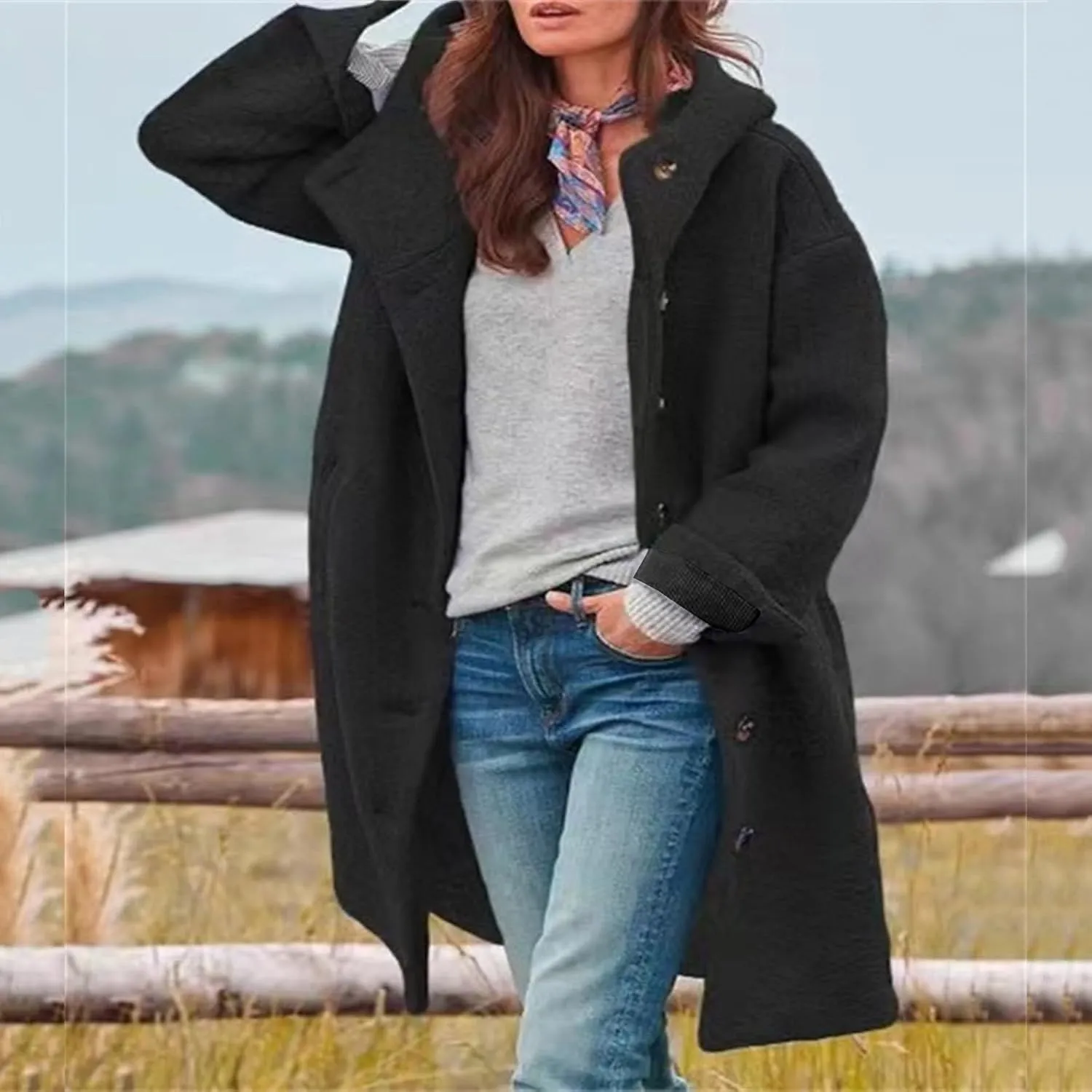 Womens Wool Blend Pea Coat Winter Warm Single Breasted Hooded Trench Coat Casual Office Work Dressy Outwear Jacket