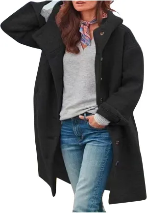 Womens Wool Blend Pea Coat Winter Warm Single Breasted Hooded Trench Coat Casual Office Work Dressy Outwear Jacket